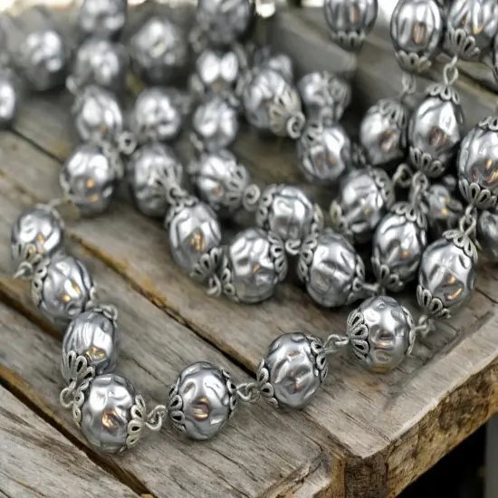 10mm Czech Glass Silver Pearl Chain with Antique Silver Caps -- Sold by the foot {1}