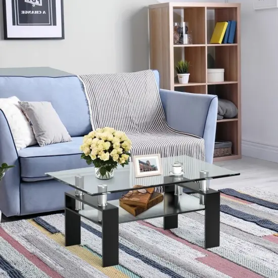 Modern 2 Tier Storage Coffee Table with Black Metal Legs and Tempered Glass Top for Living Room {5}