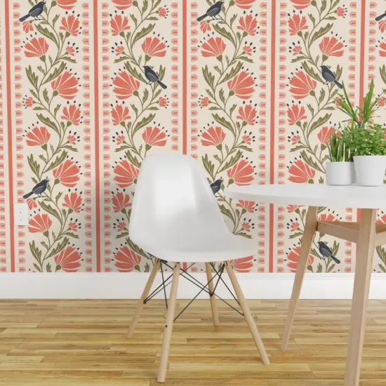 Peel & Stick Wallpaper 2FT Wide Floral Birds Stripe Cottage Vine Custom Removable Wallpaper by Spoonflower {1}