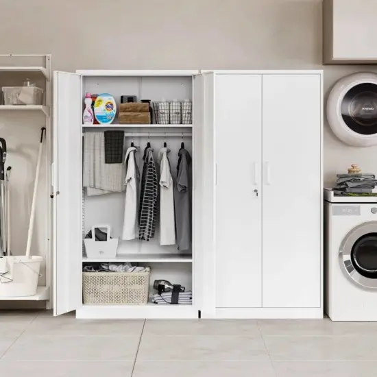 White Steel Wardrobe Armoire Cabinet with Clothing Rod and Adjustable Shelves 72 Inch {4}