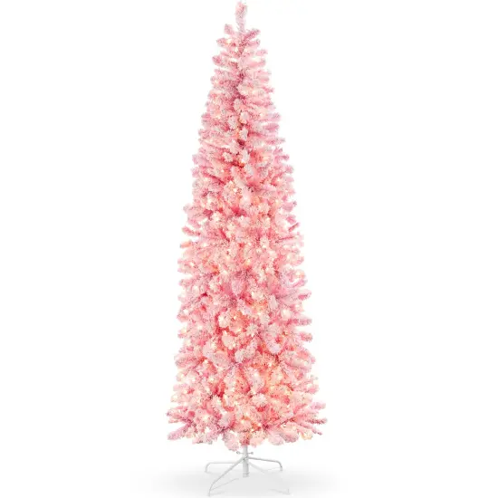Best Choice Products Pink Pre-Lit Artificial Snow Flocked Pencil Christmas Tree Holiday Decoration {7}