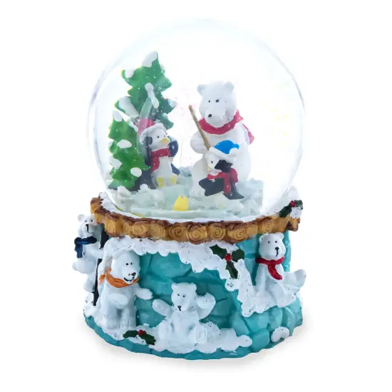 Bear and Penguins Fishing Musical Christmas Water Snow Globe {1}