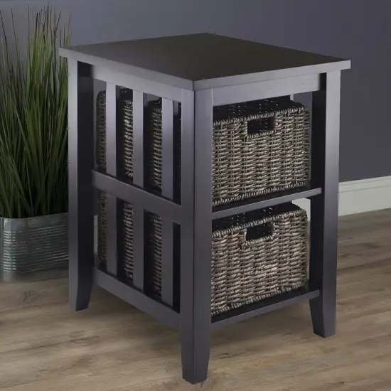 Espresso 3-Tier Accent Side Table with Open Shelf and 2 Storage Baskets for Bedroom or Living Room {2}