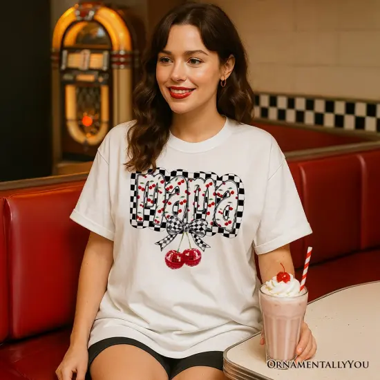 Checkered Cherry Disco Mama T-Shirt, White and Natural Coquette Bow Tee for Trendy Mothers {5}