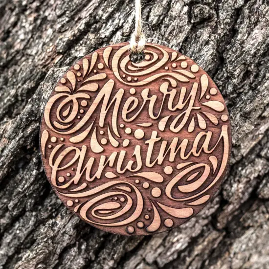Merry Christmas - Raw Cedar Ornament 3x3in {2}