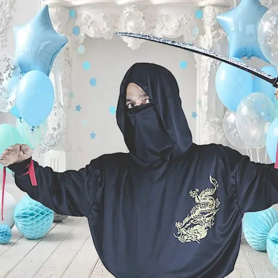 Mens Ninja Fighter Costume with Gold Dragon Print and Red Sash Detail {2}