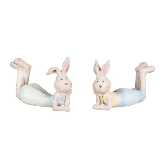 Laying Down Prone Thinking Easter Bunny Small Polyresin Figurines Set of 2 {1}