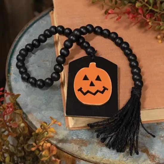 Halloween Jack O Lantern Bead Garland with Tassel and Wooden Tag {2}