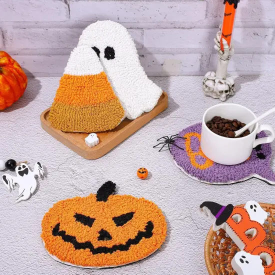 4Pcs Halloween Tufted Coaster Pumpkin Ghost Candy Corn Boo Drink Coaster {5}