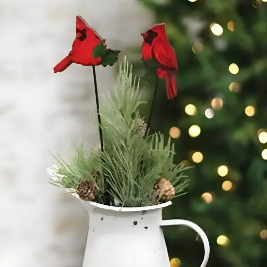 Red Wood and Metal Cardinal Plant Stakes with Holly Accents 2 Asstd. {2}