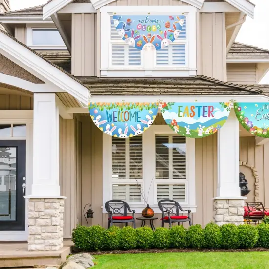 Welcome Peeps Easter Fan Flag, Cute Bunny Eggs Easter Bunting Flag, Happy Easter Half Fan Banner Flag {2}