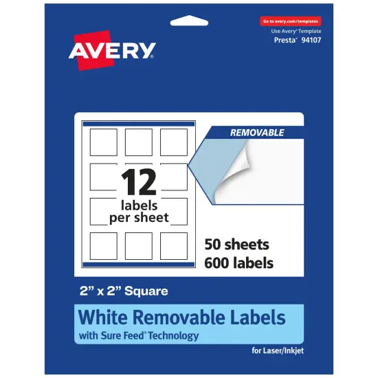 Avery Matte White Removable Square Labels with Sure Feed Technology, Print-to-the-Edge, 2" x 2" {7}