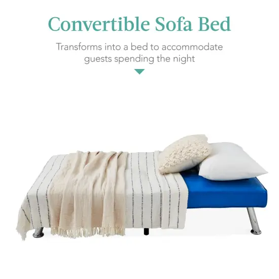 Best Choice Products Modern Faux Leather Convertible Futon Sofa w/ Removable Armrests, 2 Cupholders Royal Blue {4}