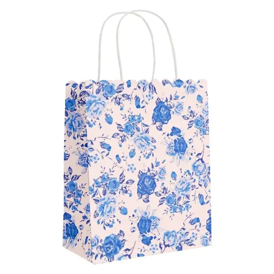 Sparkle and Bash 24-Pack Floral Gift Bags with Handles for Birthdays, Weddings, Bridal or Baby Showers - Rose Flower Print, Blue (8 x4x10 In) {7}