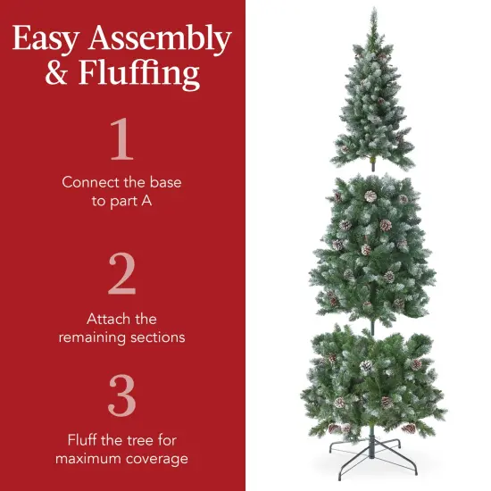 Best Choice Products Pre-Lit Partially Flocked Pencil Christmas Tree w/ Pine Cones, Foldable Stand {6}