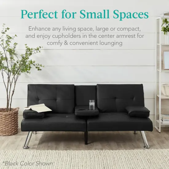 Best Choice Products Modern Faux Leather Convertible Futon Sofa w/ Removable Armrests, 2 Cupholders Camel Yellow {6}