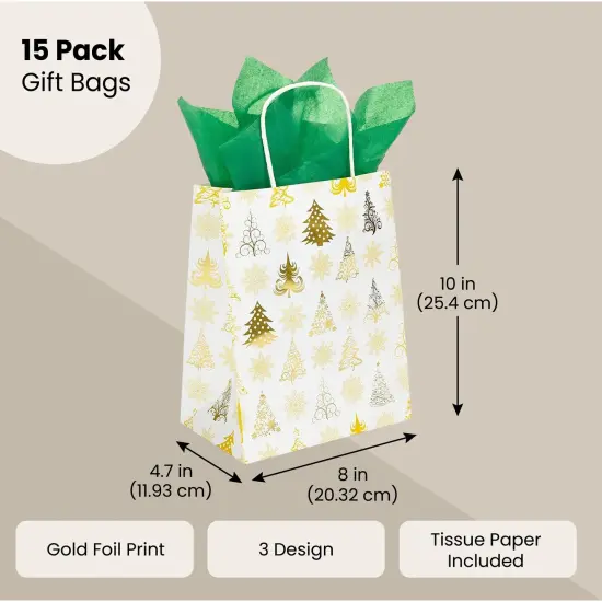 15 Pack Christmas Gift Bags with Handle Set, Includes 24 Tissue Paper Sheets, 10x8 inch Party Favor Bags for Xmas Gift Wrapping (3 Gold Foil Print Designs) {2}