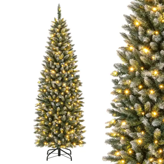 Costway 6FT/9FT Pre-Lit Christmas Tree Hinged Slim Pencil Xmas with 250/500 LED Lights {7}