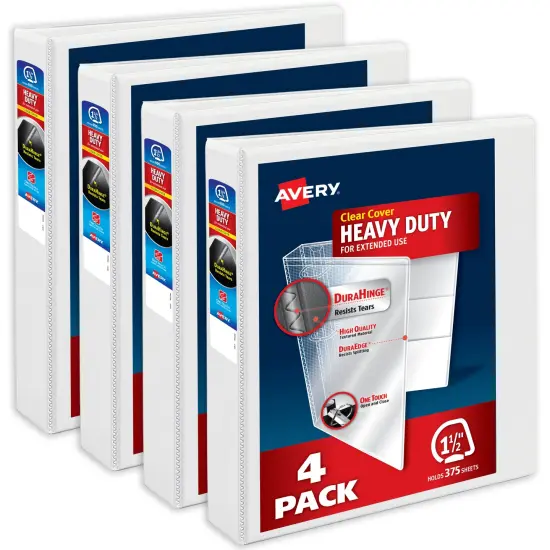Avery Heavy-Duty View 3 Ring Binders, 1.5 Inch One Touch Slant Rings, 375-Sheet Capacity, DuraHinge, 2.1 Inch Wide Spine, Customizable Clear Cover and Spine, White Binders (4-Pack of 79781) {1}