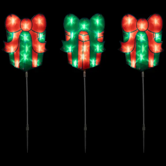 Northlight Lighted Holographic Gift Box Outdoor Christmas Pathway Markers - 24.5" - Set of 3 Red {4}