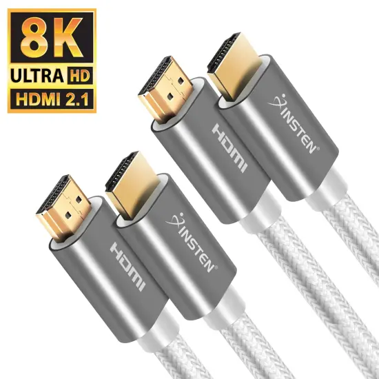 Insten - 2 Pack 1.5 Feet HDMI Male to Male Cable, 2.1 Version, 8K 60Hz, 48Gbps, Gold Connectors, Nylon Braided, White {2}