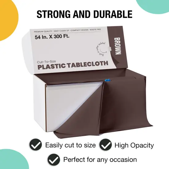  Party Solids 54" x 300' Plastic Table Cover Roll with Slide Cutter &ndash; Cut-to-Size Dispenser Box &ndash; Makes Up to 36 Disposable 8' Rectangle Tablecloths by Exquisite Brown {3}
