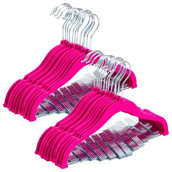 24 Pack Hot Pink Velvet Hangers with Clips for Kids, Baby Nursery, Children's Closet, Dresses, Shirts, Pants, Skirts, Ultra Thin, Nonslip, Space-Saving (12 Inches), Ages 3-14 {1}