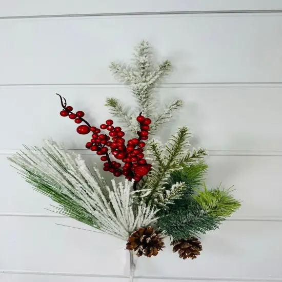 21" Snow Flocked Pine & Pinecone Pick with Red Berries - Festive Christmas D&eacute;cor-XX1829 {3}