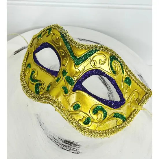 Masquerade Mardi Gras Mask - Gold/Purple/Green, 6.5"Lx3.75"H-HG1041 {2}