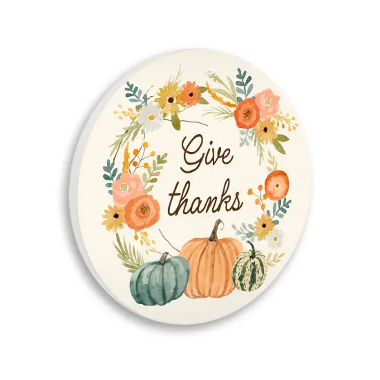 Give Thanks Sentiments Orange Floral Pumpkin Wreath Wall Plaque Art {1}