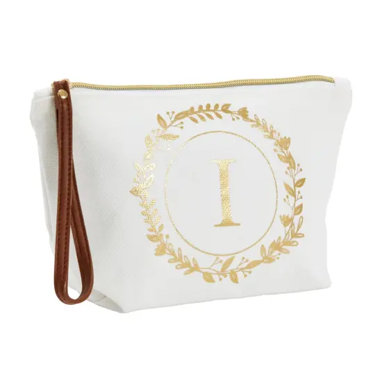 Gold Initial I Personalized Makeup Bag for Women, Monogrammed Canvas Cosmetic Pouch (White, 10 x 3 x 6 In) {1}
