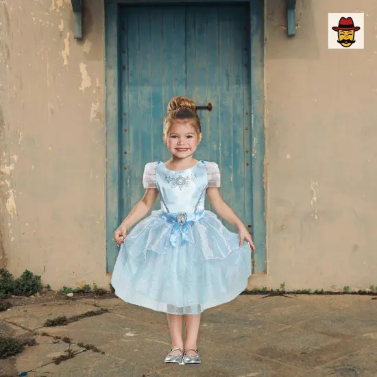 Girls Disney Cinderella Costume Blue Satin Dress Tulle Skirt Character Cameo {6}