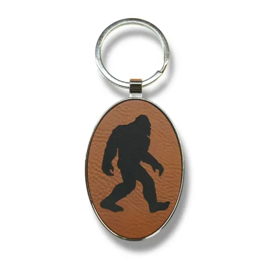 Keychain - Oval/Metal - Bigfoot Sasquatch - Leather Pink/Black {2}