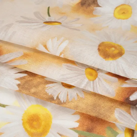 1 Yard Sun Yellow White Linen Fabric Medium Weight Daisy Print 58 inch Width {4}
