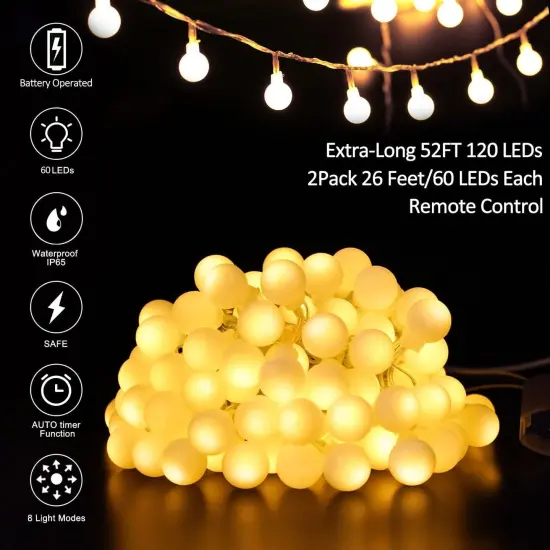 2-Pack Battery Operated LED Globe String Lights - 52FT, 120LEDs {3}