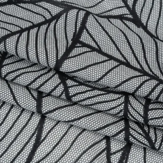 1 Yard Terrestrial Tesserae Cotton Crepe Fabric Black White Embroidered Leaves 53 inch Width {4}