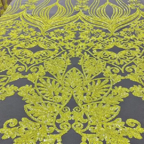 1 Yard Nude Iridescent Yellow Damask Design Embroidered Mesh Lace Fabric 48/50" Width {1}