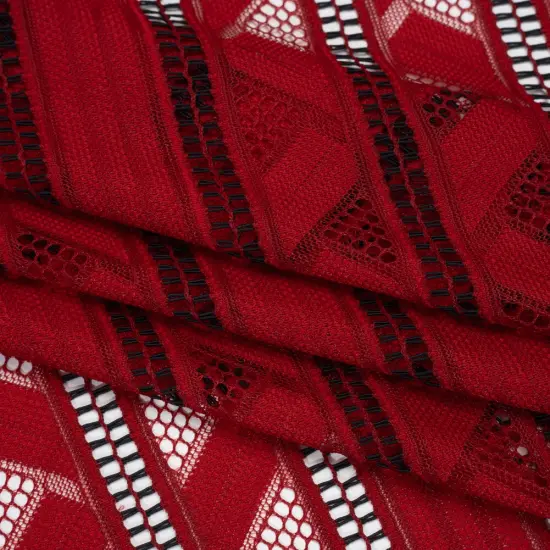 1 Yard Red and Black Corded Lace Fabric Geometric Stripes Sheer Design 52 inch Width {4}