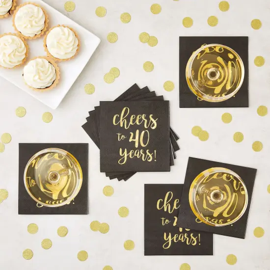 50 Pack Cheers to 40 Years Cocktail Napkins for 40th Birthday, Anniversary Party Supplies, 3-Ply, Black and Gold Foil (5 x 5 In) {2}