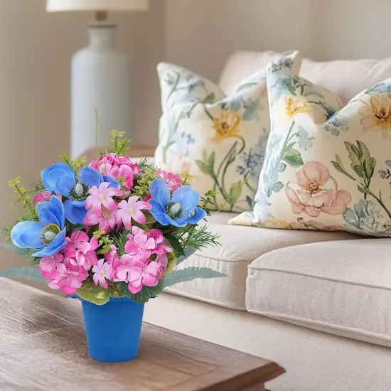 2 Pcs Fake Potted Flowers Spring Centerpieces for Tables 13.78" Easter Centerpiece Silk Flower with Iron Pots Small Plants Orchid Hydrangea for Indoor Table Top Dining Table Office Decor Pink Blue {5}