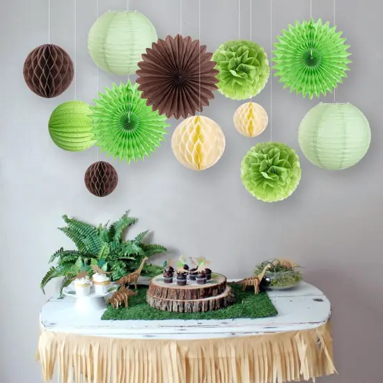 12Pcs Green and Brown Party Decorations Paper Tissue Pom Poms Honeycomb Balls Paper Fans Hanging Deco Green Lanterns for Jungle Safari Summer Birthday Wedding Party {2}