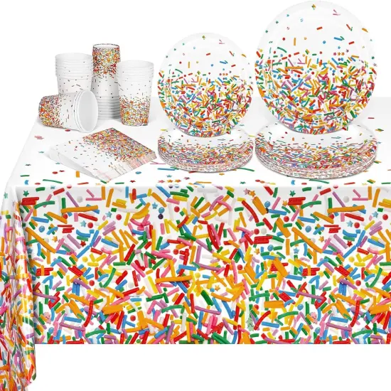 97 Pieces Confetti Sprinkles Tableware Set Disposable Tablecloth Paper Cups Dessert Plates Beverage Napkins for Party Decorations Wedding Birthday Party Favors {1}