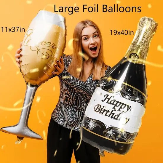 Happy Birthday Party Balloons Foil &ndash; 38in 18in Large Mylar Helium Round Champagne Bottle and Champagne Glass Shaped Foil Birthday Balloons {4}