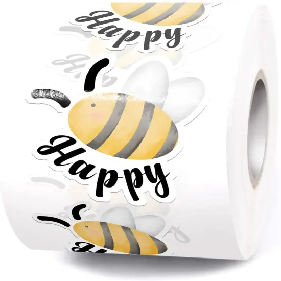 Bee Happy Cartoon Bee Stickers, 500 Multicolor Thank You Stickers for Small Business, Paper, Glossy, Indoor Use {1}