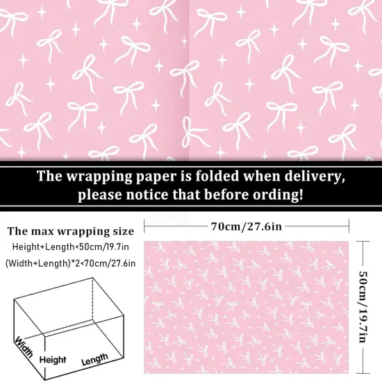 8 Sheets Pink Bow Wrapping Paper - Not Roll - Pink White Coquette Bowknot Gift Wrap Paper Folded Flat for DIY Crafts Birthday Baby Shower Bachelorette, 19.7 x 27.6 Inch {2}