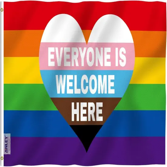 Fly Breeze 3x5 Feet Everyone Is Welcome Here Progress Pride Flag - Vivid Color and Fade proof - Rainbow Transgender Lesbian LGBT Flag Polyester with Brass Grommets 3 X 5 Ft {1}