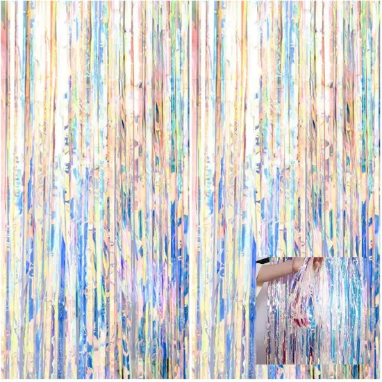 2 Pack Neon Clear Foil Tinsel Curtain(3.2ftx 8.2ft),Iridescent Glitter Metallic Fringe Curtain for Rainbow Party Decorations Backdrop {2}