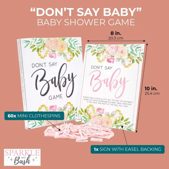 Floral Baby Shower Clothespin Game For Girl, Don't Say Baby Theme with 60 Pink Clothes Pins and 8x10-Inch Sign {3}