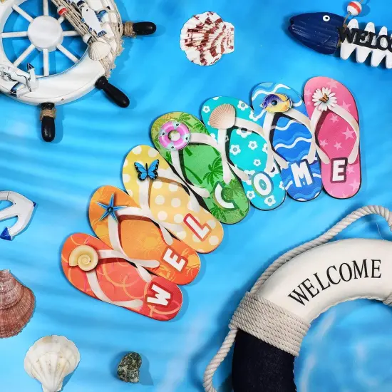 Summer Slippers Hanging Sign Shape Welcome Hello Flip Flop Wooden Door Plaque Rustic Wall Sign Yard Indoor Outdoor Garden Decoration with Rope {3}