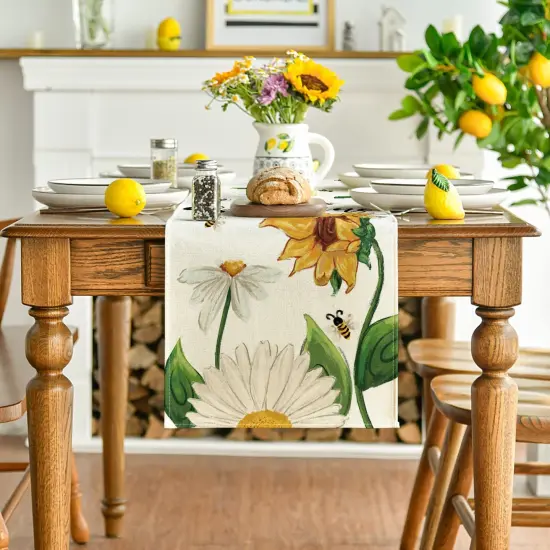 Beige Sunflowers Daisy Bees Summer Table Runner, Seasonal Spring Kitchen Dining Table Decoration for Home Party Decor 13x72 Inch {2}